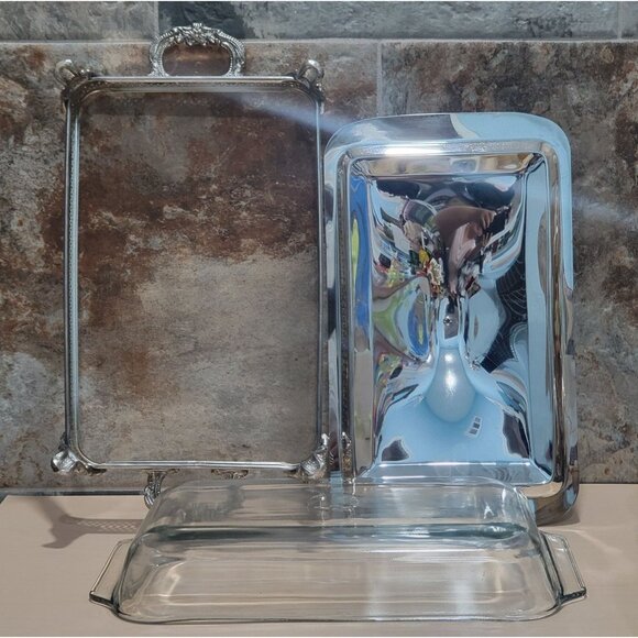 Silver Plated Rectangular Chafing Dish Glass Insert Decorative Scrollwork Accent - Picture 4 of 11